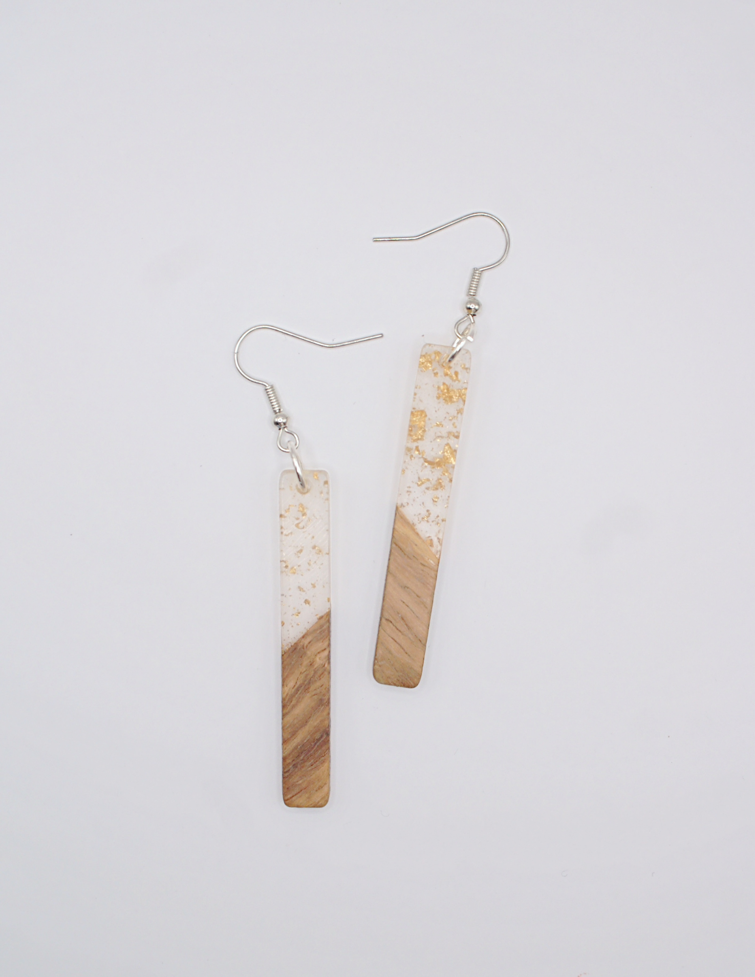 Resin & Wood Earrings-Rectangle with White Details