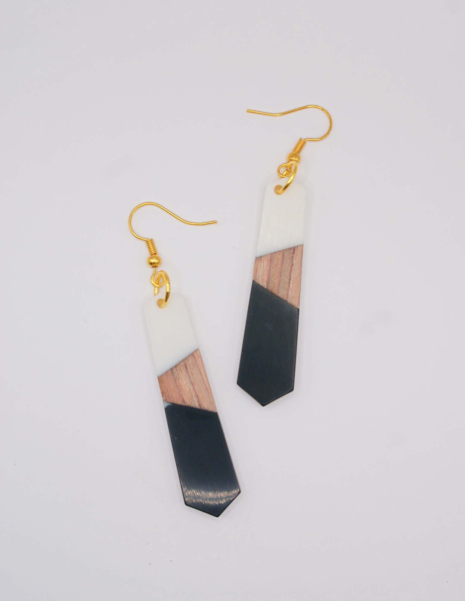 Resin & Wood Earrings-Pentagon with Black and White Details