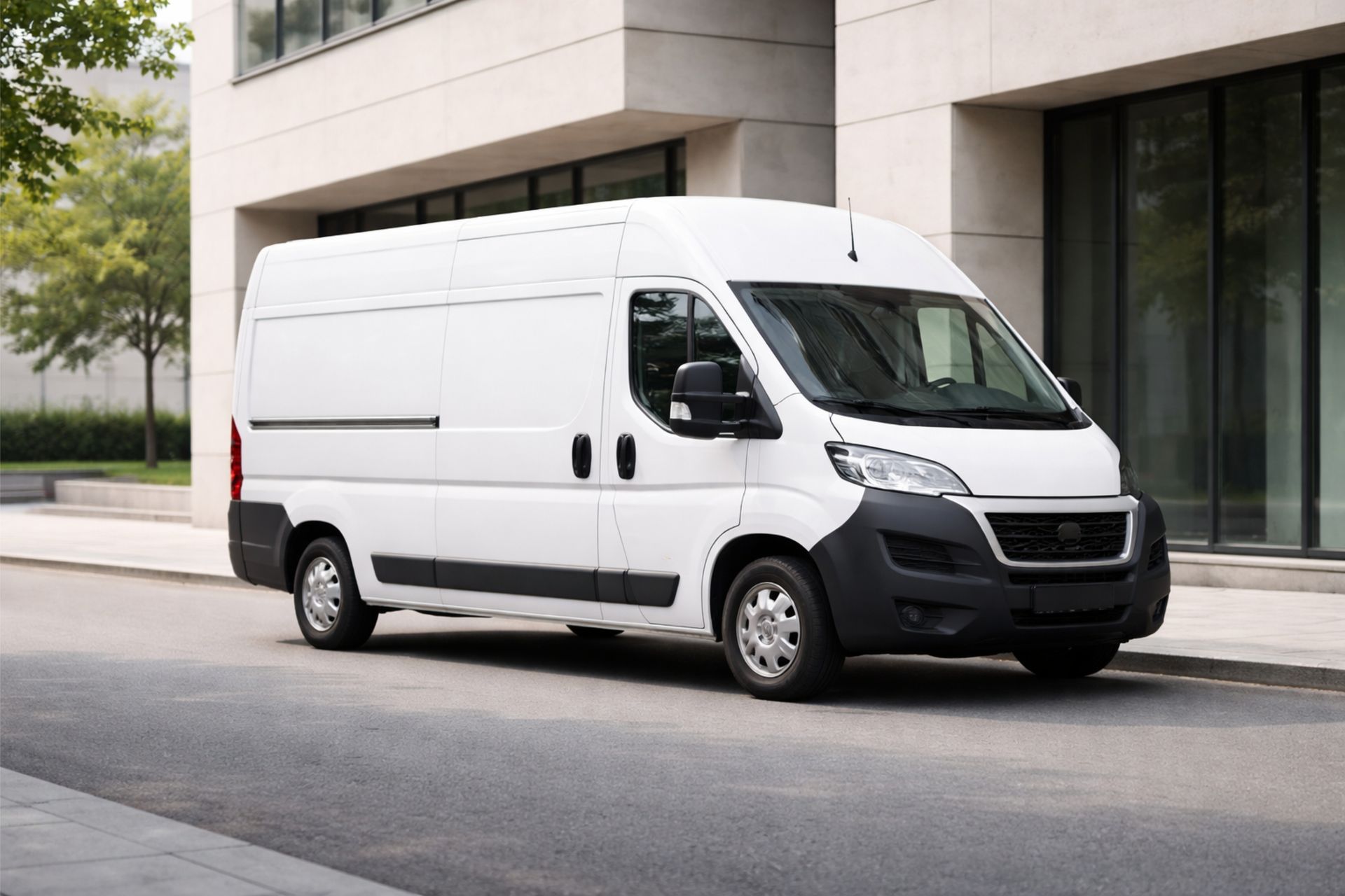White delivery van parked outside a modern building on a city street.