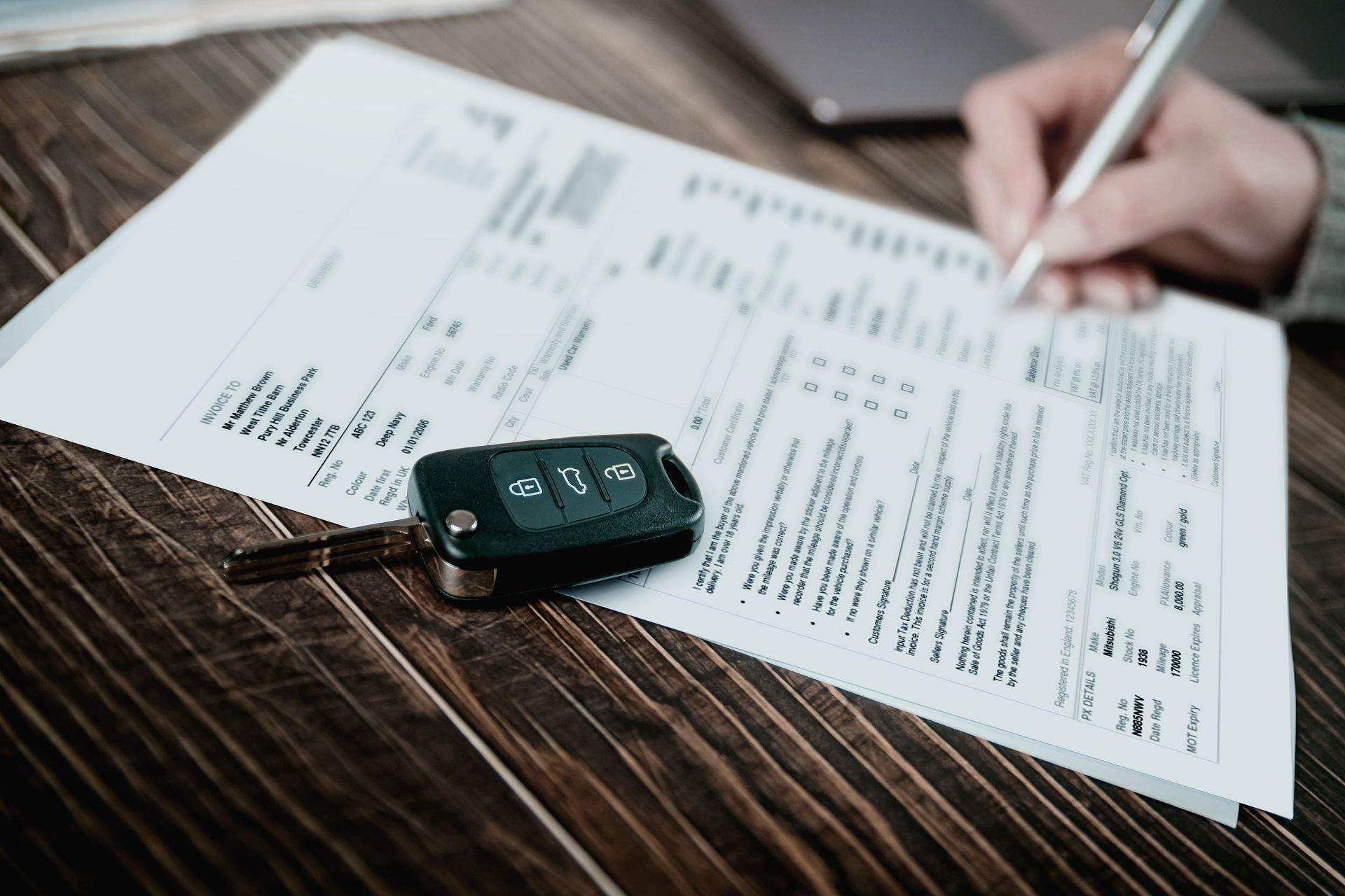 Hand holding a pen over a financial form beside car keys on a wooden table