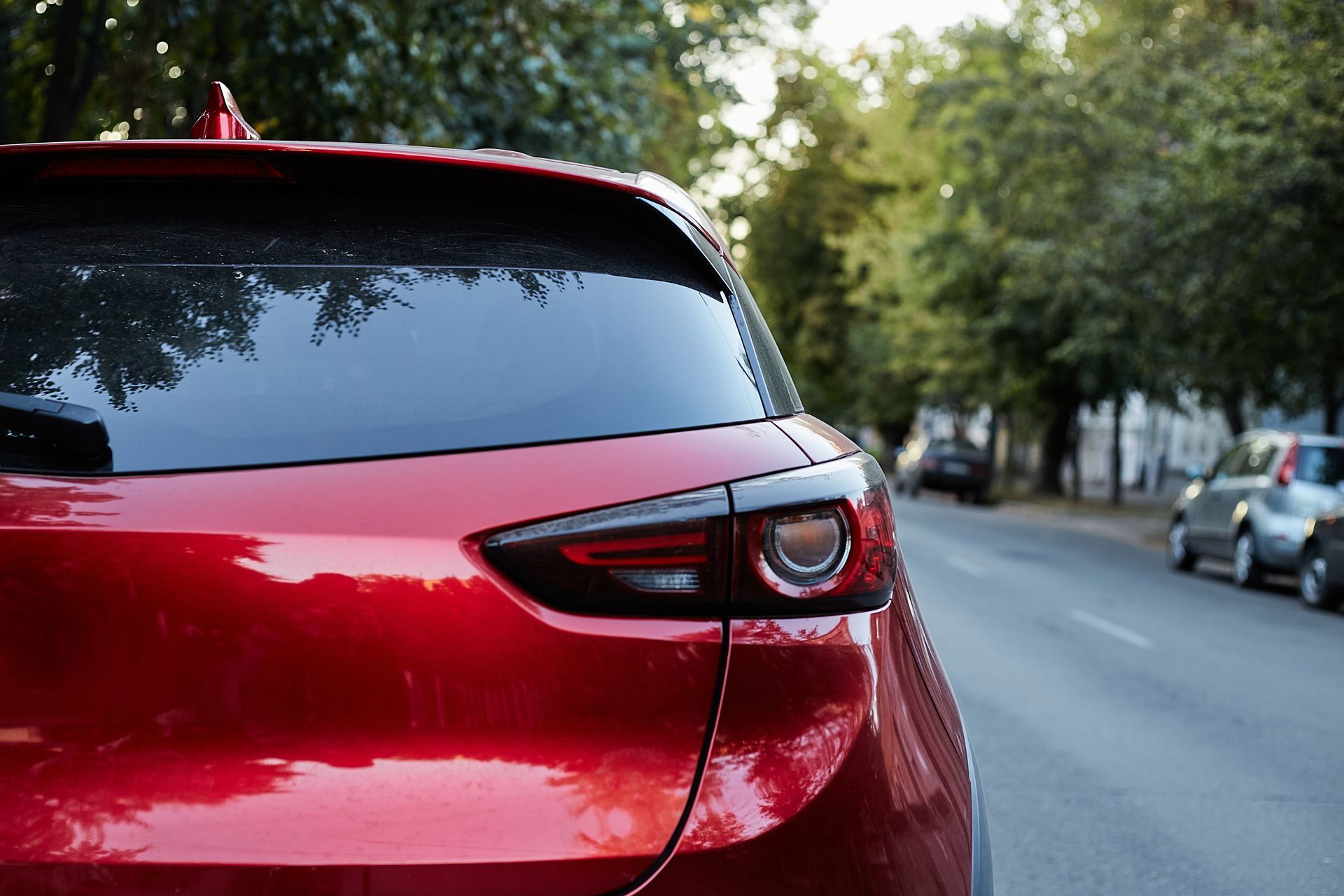 Red hatchback car parked on a tree-lined street, rear view.
