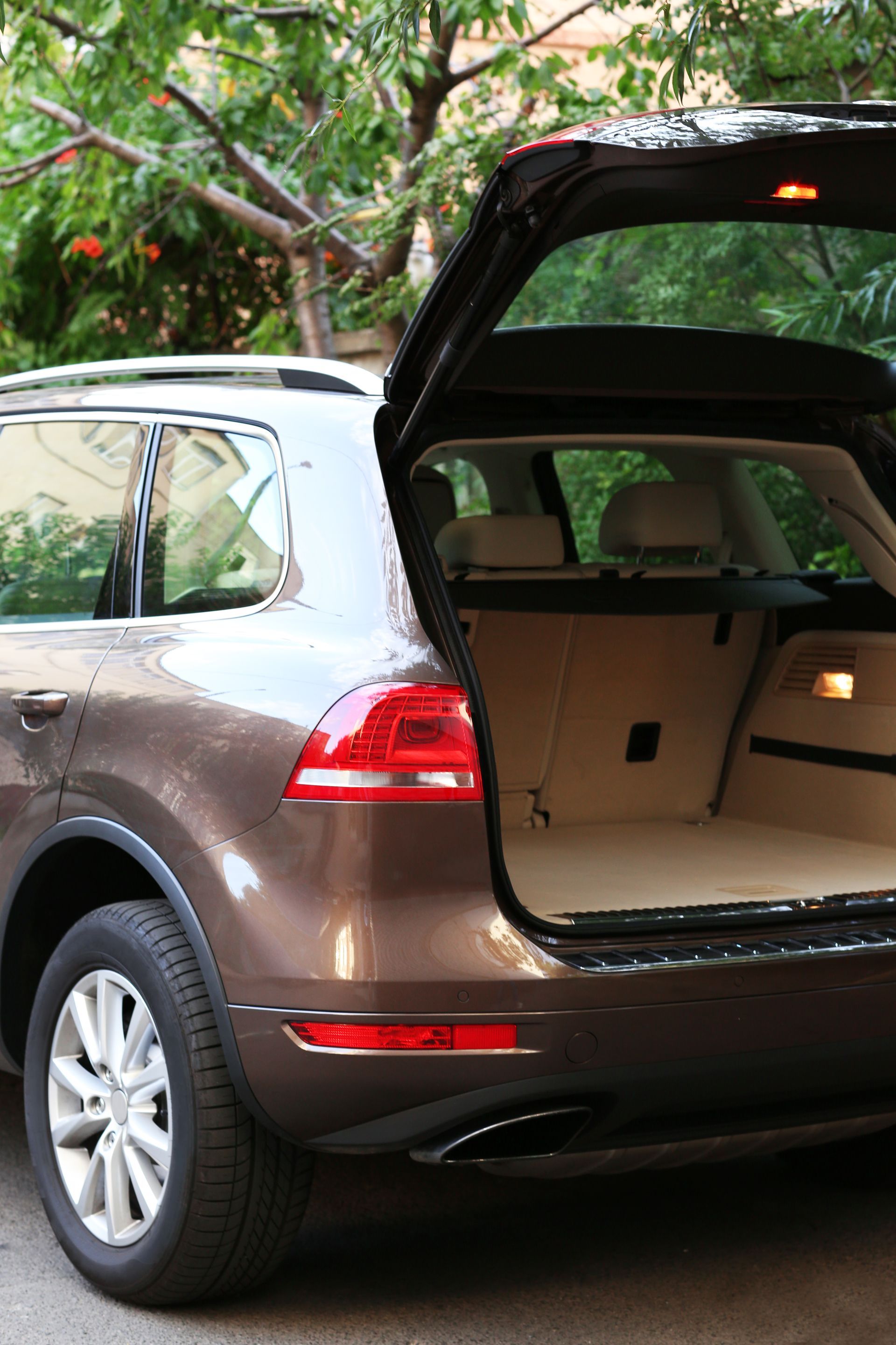 Brown SUV with open rear hatch, showing cargo area outdoors near trees.