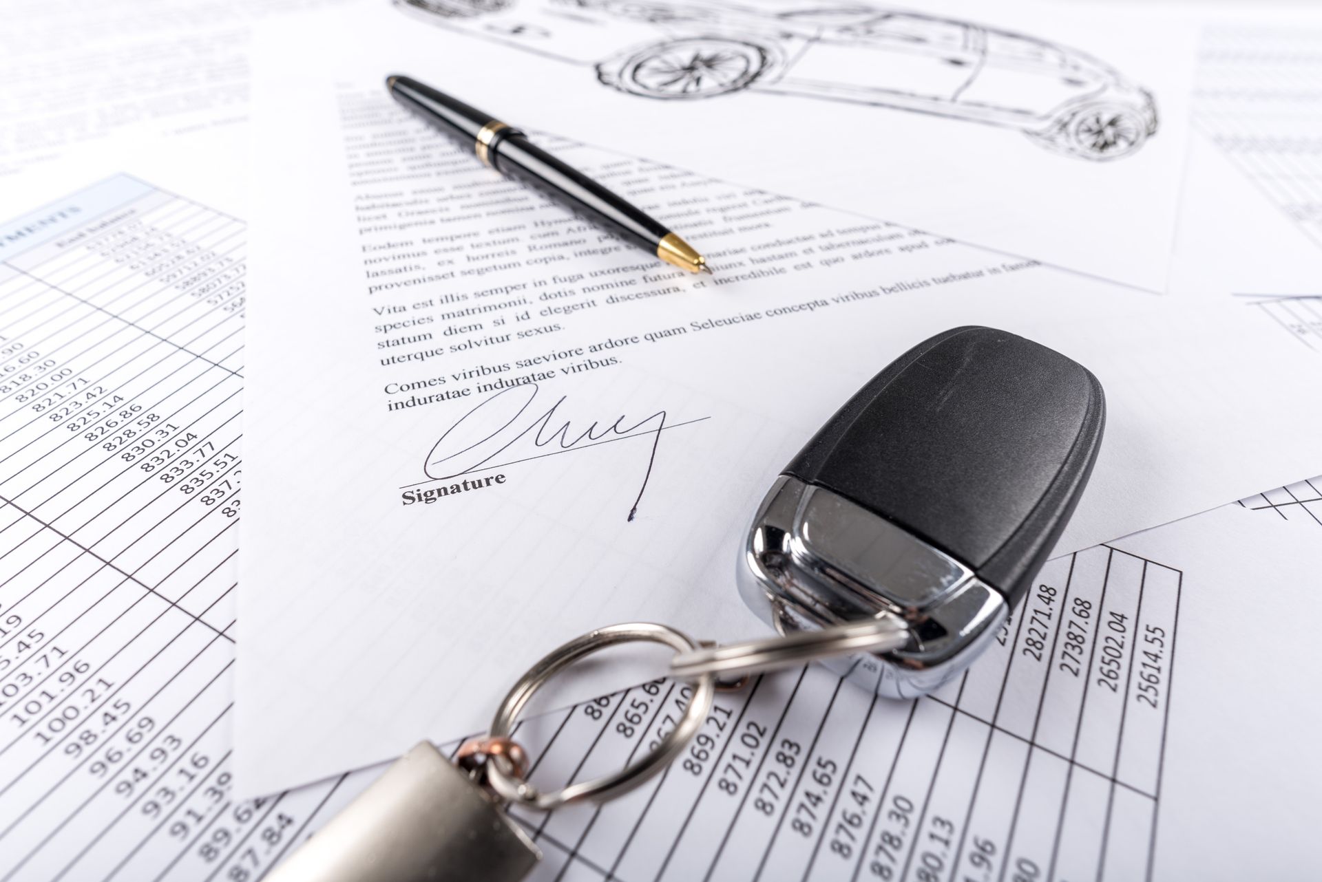 Car key and pen on automotive paperwork with a car sketch and signature line