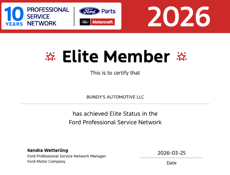 2026 Elite Member certificate from Ford Professional Service Network, with blue and red branding