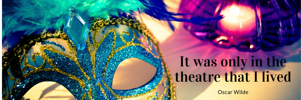 General header: image of blue glittery eye mask with feathers & an Oscar Wilde quote