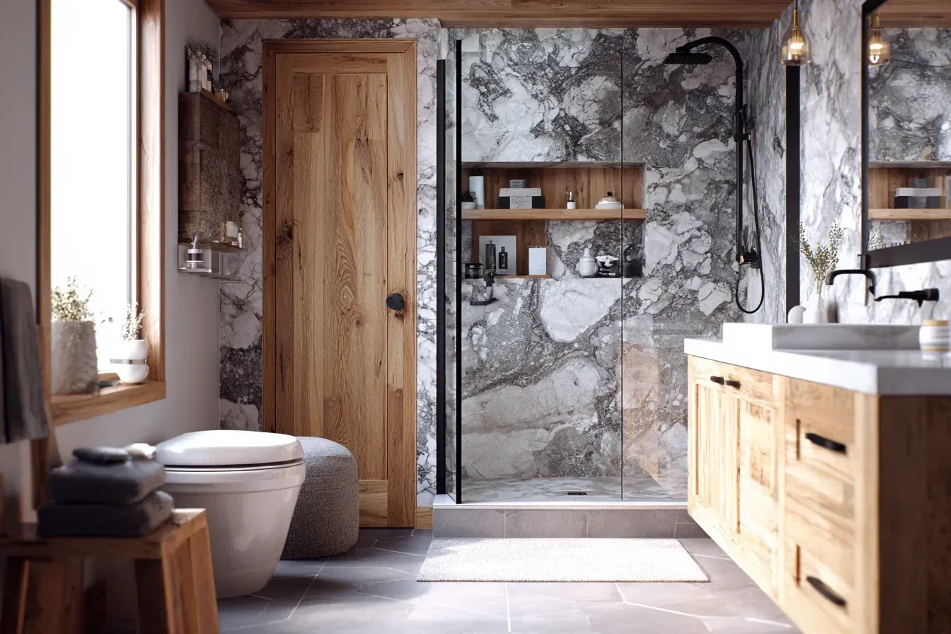 Bathroom with wood door, stone wall shower, and wood vanity.