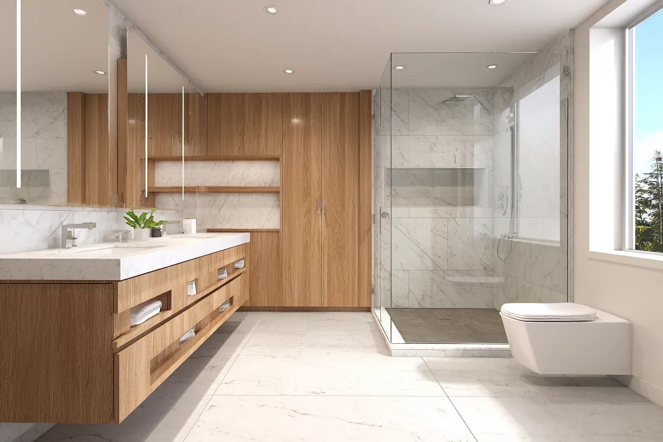 A Vancouver bathroom renovation with rain shower installation, stone flooring, and modern vanity drawers. Neutral tile colors promote a relaxing environment. Installed by expert professionals.
A Vancouver bathroom makeover featuring glossy ceramic tiles, bright vanity lights, and brushed nickel faucets. The updated layout boosts functionality and comfort. Completed by certified remodelers.