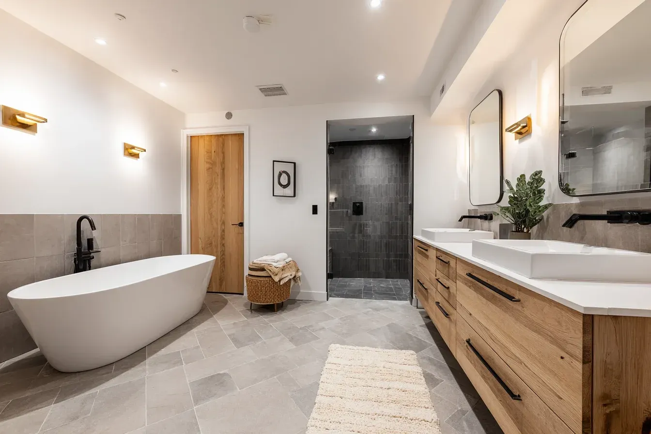 Modern bathroom with a freestanding tub, wood vanity, and a walk-in shower.
