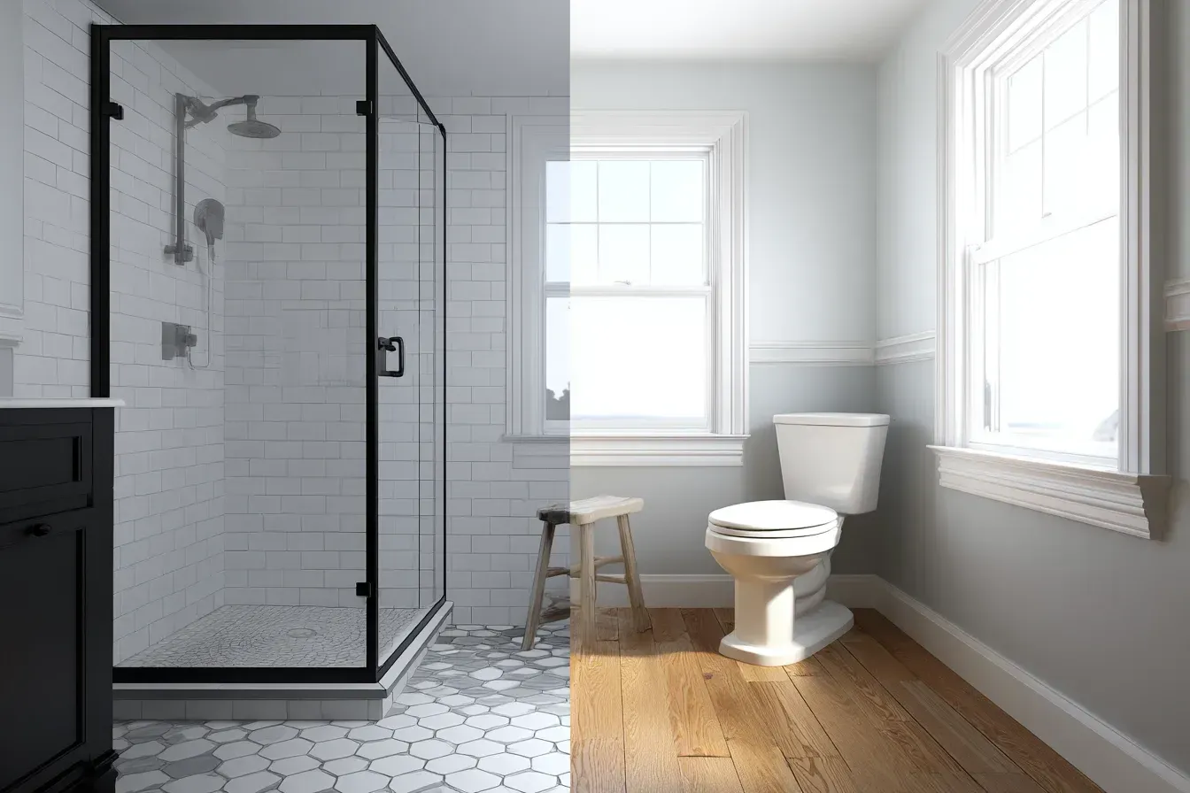 A Vancouver bathroom remodel showing large-format tiles, rain shower installation, and floating vanity cabinets. A frameless shower enclosure maximizes visual space. Installed by skilled local renovation contractors.
A Vancouver bathroom makeover with pebble shower flooring, LED backlit mirrors, and custom tiled shower walls. Eco-efficient fixtures promote water savings. Completed by trusted Metro Vancouver remodelers.