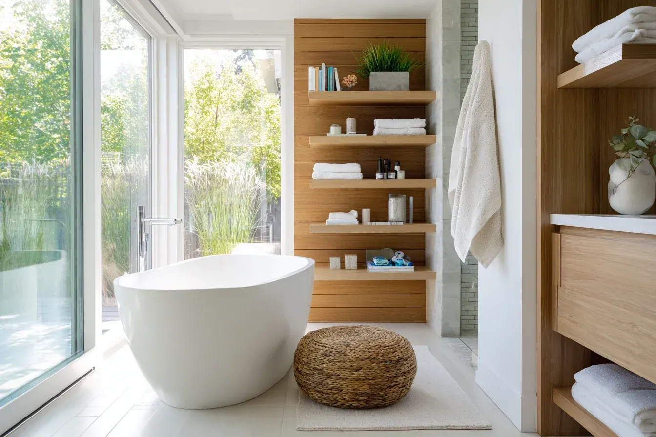 A luxury Vancouver ensuite renovation featuring a freestanding soaker tub, stone slab shower walls, and modern matte-black hardware. The entire space has a clean, spa-inspired feel. Installed by trusted Vancouver bathroom contractors.
A Vancouver bathroom remodel highlighting heated tile floors, quartz vanity surfaces, and a curbless walk-in shower design. Frameless glass protects the minimalist aesthetic. Completed by skilled renovation professionals.
A compact Vancouver bathroom upgrade with a corner shower, wall-mounted vanity, and bright LED mirror for enhanced lighting. Light-toned tiles make the room feel larger. Installed by experienced Metro Vancouver renovators.