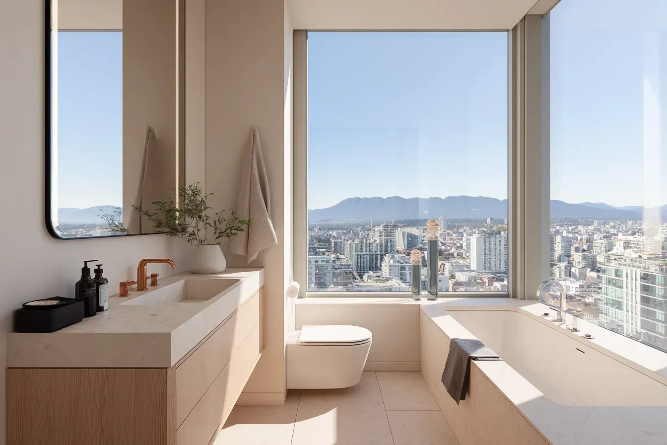 A Vancouver bathroom transformation with a walk-in shower, textured tiles, and modern plumbing upgrades. Stainless steel accents enhance the contemporary look. Completed by certified Metro Vancouver contractors.
A Vancouver bathroom remodel highlighting a double-sink vanity, stone countertops, and sleek LED lighting fixtures. Full-wall mirrors brighten the space. Installed by trusted bathroom renovation experts.
A deluxe Vancouver bathroom renovation with a deep soaking tub, rainfall showerhead, and floating vanity. Neutral stone tiles create a serene, spa-inspired vibe. Completed by experienced bathroom remodelers.
A Vancouver condo bathroom renovation maximizing small space using compact fixtures, floating vanities, and wall storage. Light colors and bright lighting expand the visual space. Installed by professional Lower Mainland renovators.