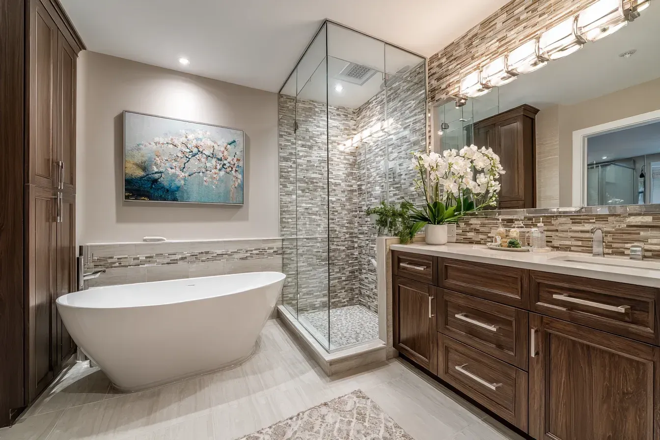 A Vancouver bathroom renovation featuring full-height porcelain tiles, a frameless walk-in shower, and modern matte-black fixtures. The floating vanity adds clean contemporary lines. Completed by licensed Metro Vancouver bathroom remodeling contractors specializing in durable waterproof systems.
A luxury Vancouver bathroom remodel showcasing marble-inspired wall slabs, a freestanding soaking tub, and a glass-enclosed rainfall shower. Warm LED strip lighting enhances the spa-like aesthetic. Installed by certified Lower Mainland bathroom renovation experts.