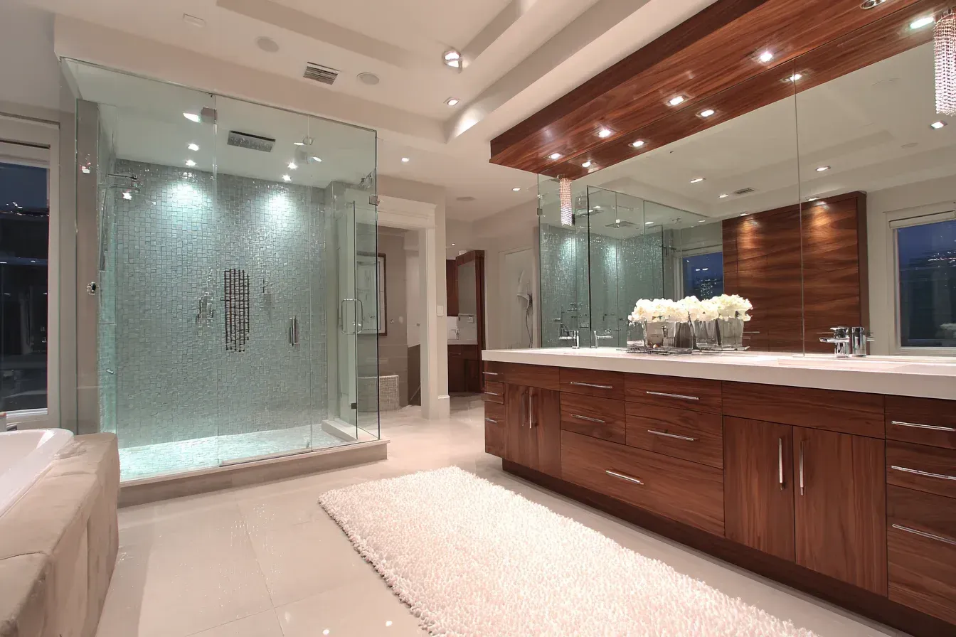 A Vancouver bathroom upgrade with a frameless shower door, porcelain tile floors, and quartz vanity. The improved lighting amplifies comfort and usability. Completed by top-rated remodel professionals.
A Vancouver bathroom remodel with a floating tub shelf, stone counters, and LED step lighting. Contemporary finishes create a luxurious environment. Installed by certified renovation teams.
A Vancouver bathroom renovation highlighting a walk-in rain shower, modern tilework, and new vanity installation. Bright fixtures lighten the space. Completed by professional contractors.