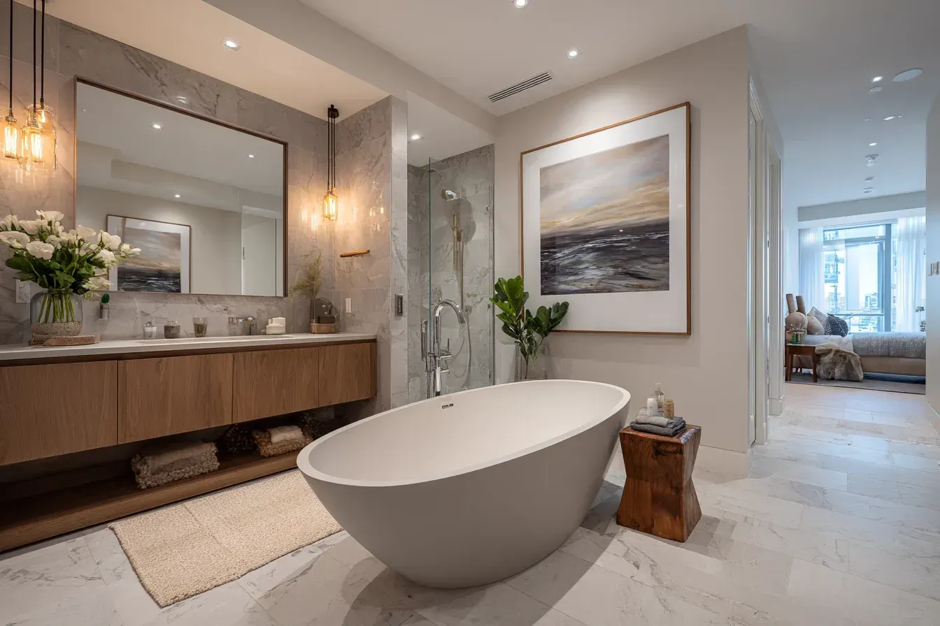 A Vancouver bathroom makeover with matte tile finishes, quartz counters, and LED vanity lighting. Frameless shower design enhances spatial efficiency. Installed by aggressive remodeling teams.
A Vancouver bathroom renovation featuring stone-textured flooring, floating cabinetry, and modern mirror lighting. Polished faucets add sharp visual impact. Completed by licensed bathroom contractors.