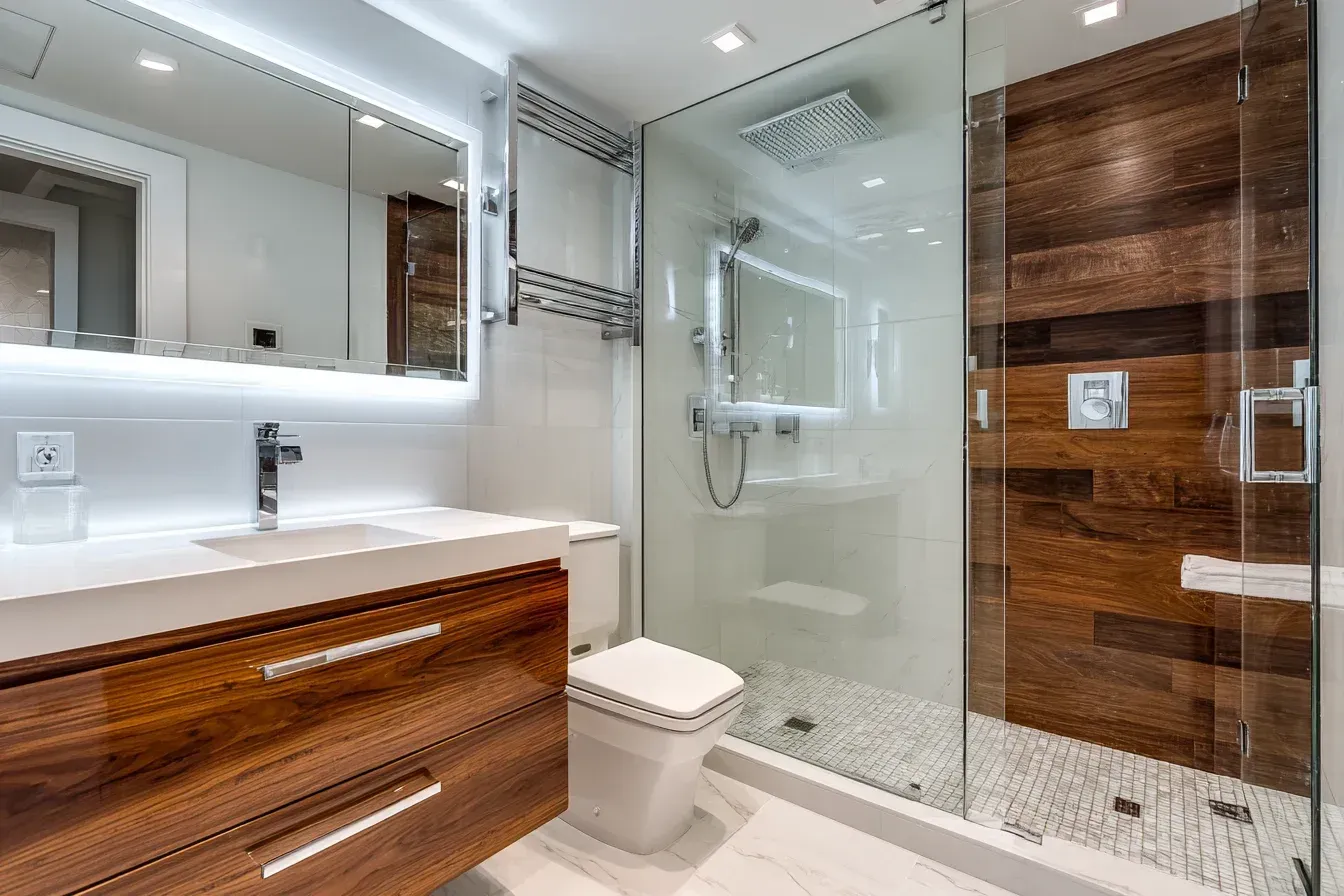 A Vancouver condo bathroom renovation with compact layout optimization, space-saving cabinetry, and waterproof Schluter shower systems. Elegant matte black fixtures add a modern design touch. Perfect for small bathroom remodels in Downtown Vancouver and Yaletown.