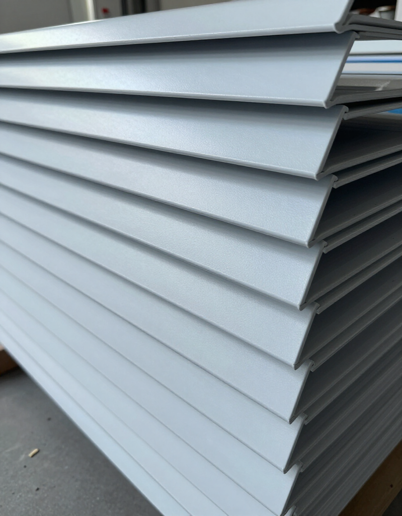 Profili avvolgibili in PVC impilati su pavimento industriale