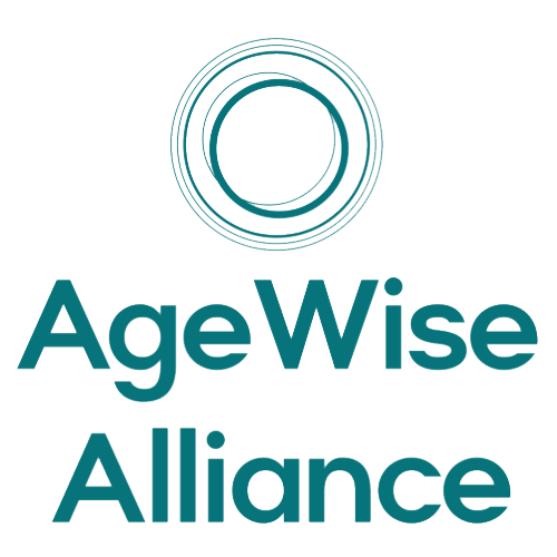 The logo for agewise alliance has a circle in the middle of it.
