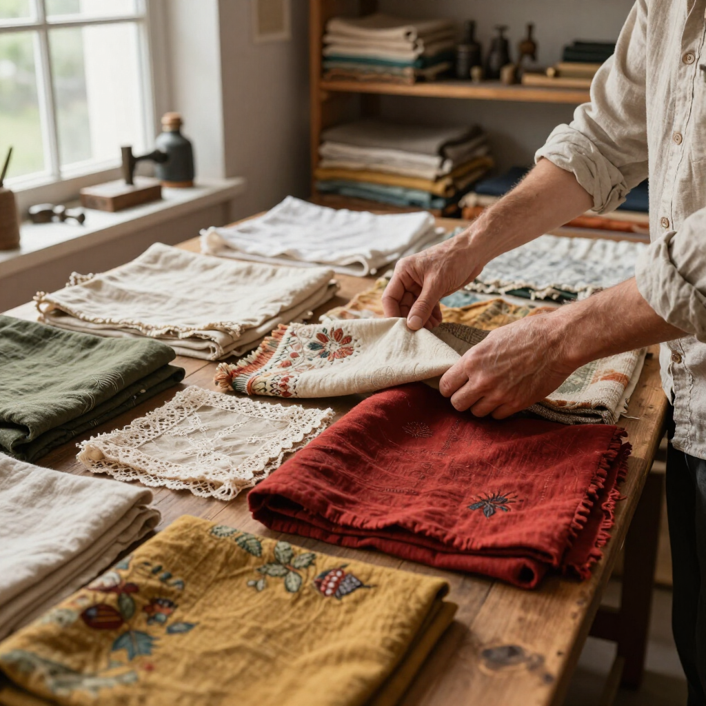 Hands folding embroidered fabric swatches on a wooden table in a sunlit workshop