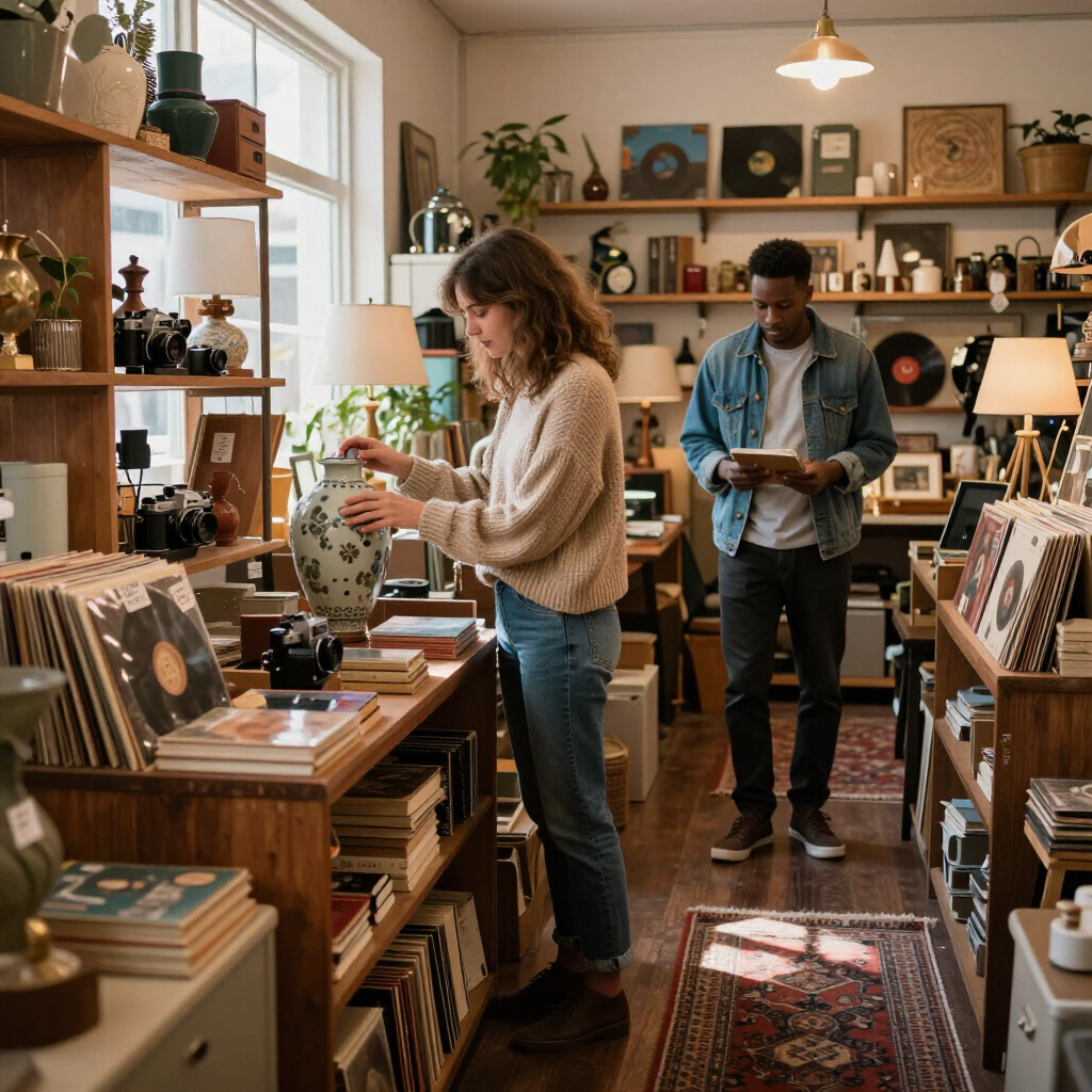 Two people browsing records in a cozy vintage shop with plants and warm lighting