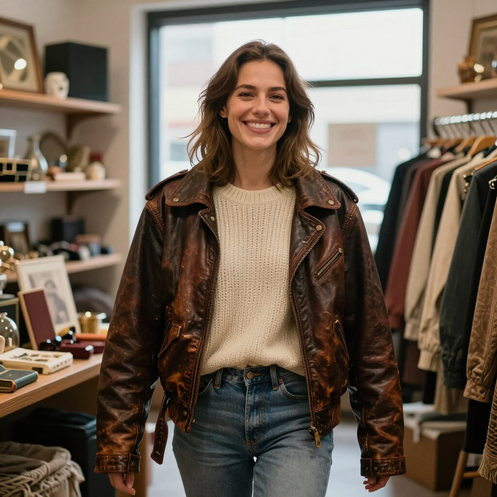 Smiling woman in a brown leather jacket standing in a clothing boutique