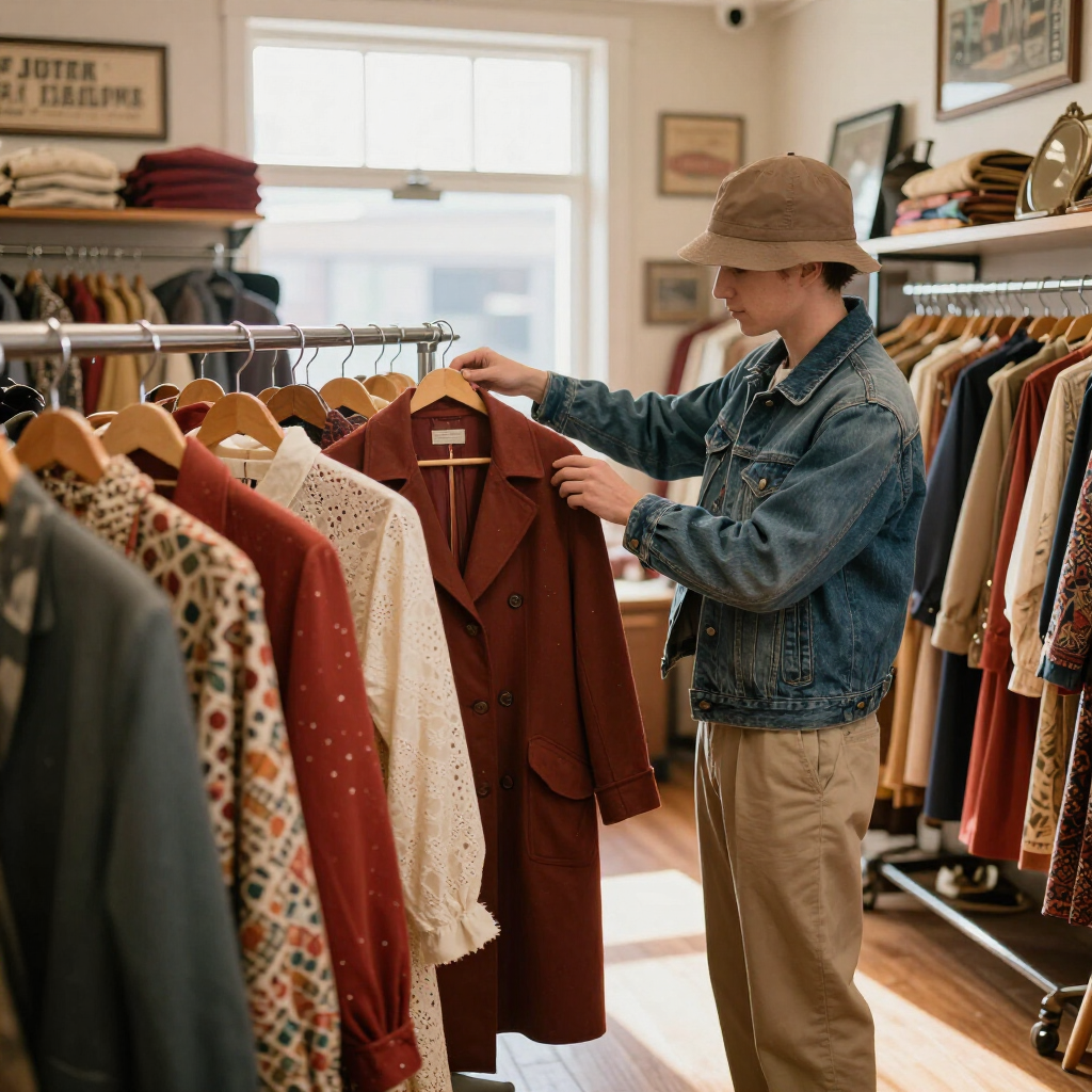 Person browsing clothes on racks in a vintage store, wearing a denim jacket and tan hat.