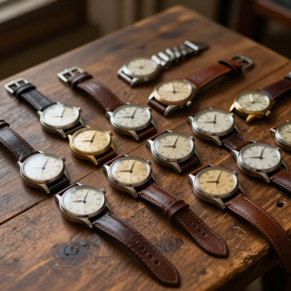 Assorted wristwatches with leather straps arranged on a wooden table