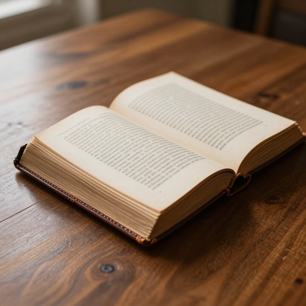 Open book with cream pages on a wooden table