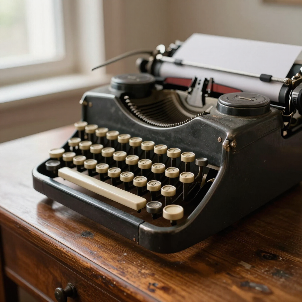 Vintage black typewriter on a wooden table near a window with soft natural light.