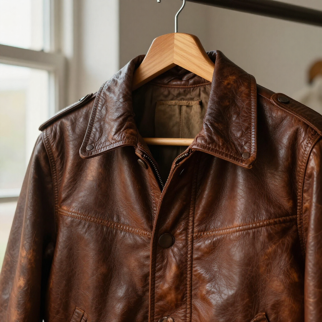 Brown leather jacket hanging on a wooden hanger by a window