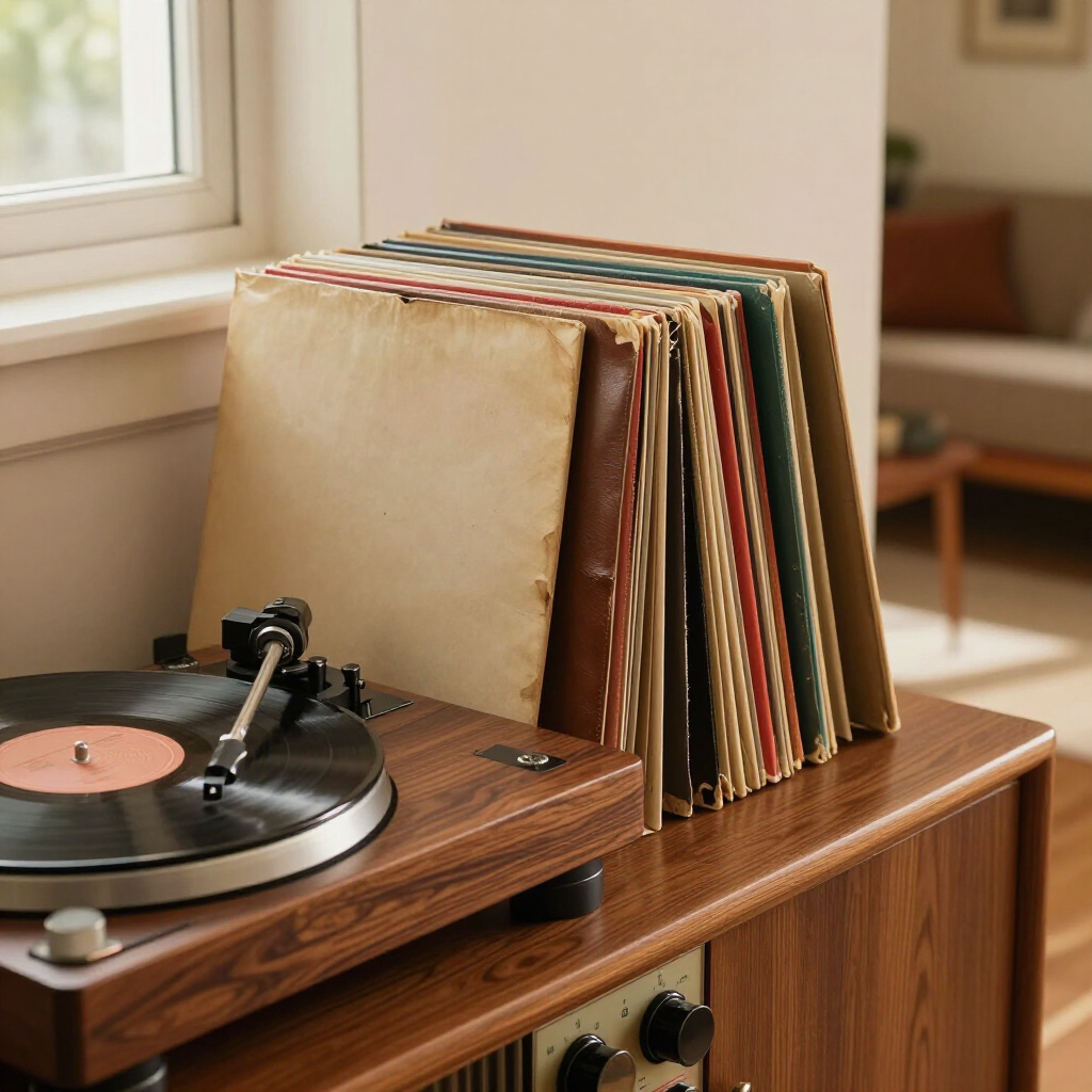 Turntable on wooden cabinet beside a stack of vinyl records by a window