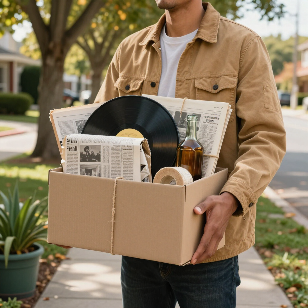 Person holding a cardboard box of records, newspapers, and a bottle outdoors on a sidewalk.