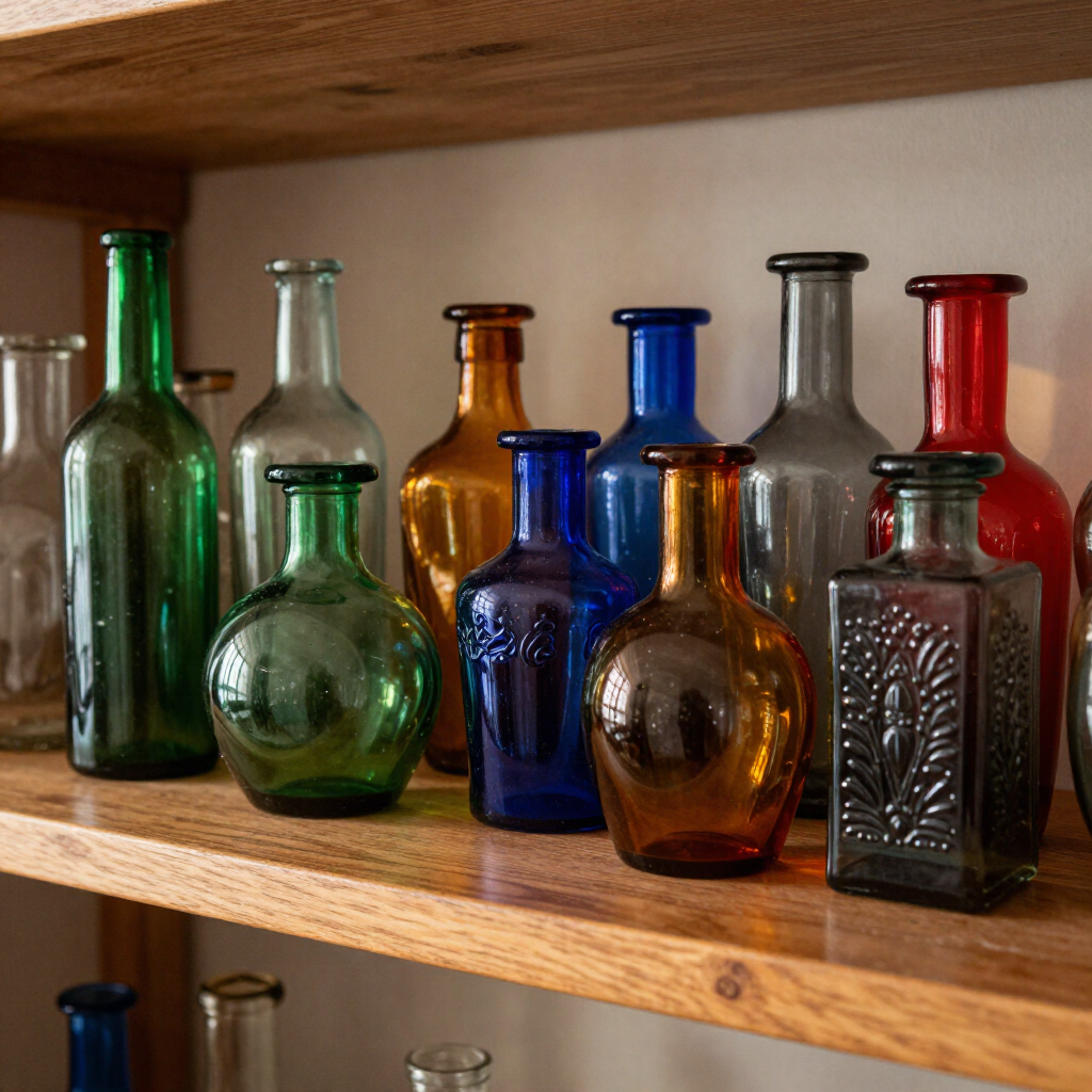 Assorted colorful glass bottles on a wooden shelf