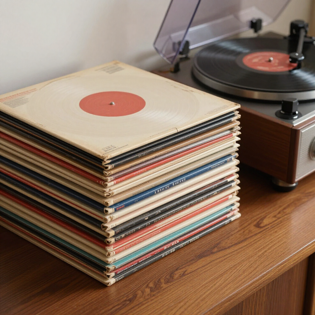 Stack of vinyl record sleeves beside a turntable on a wooden table