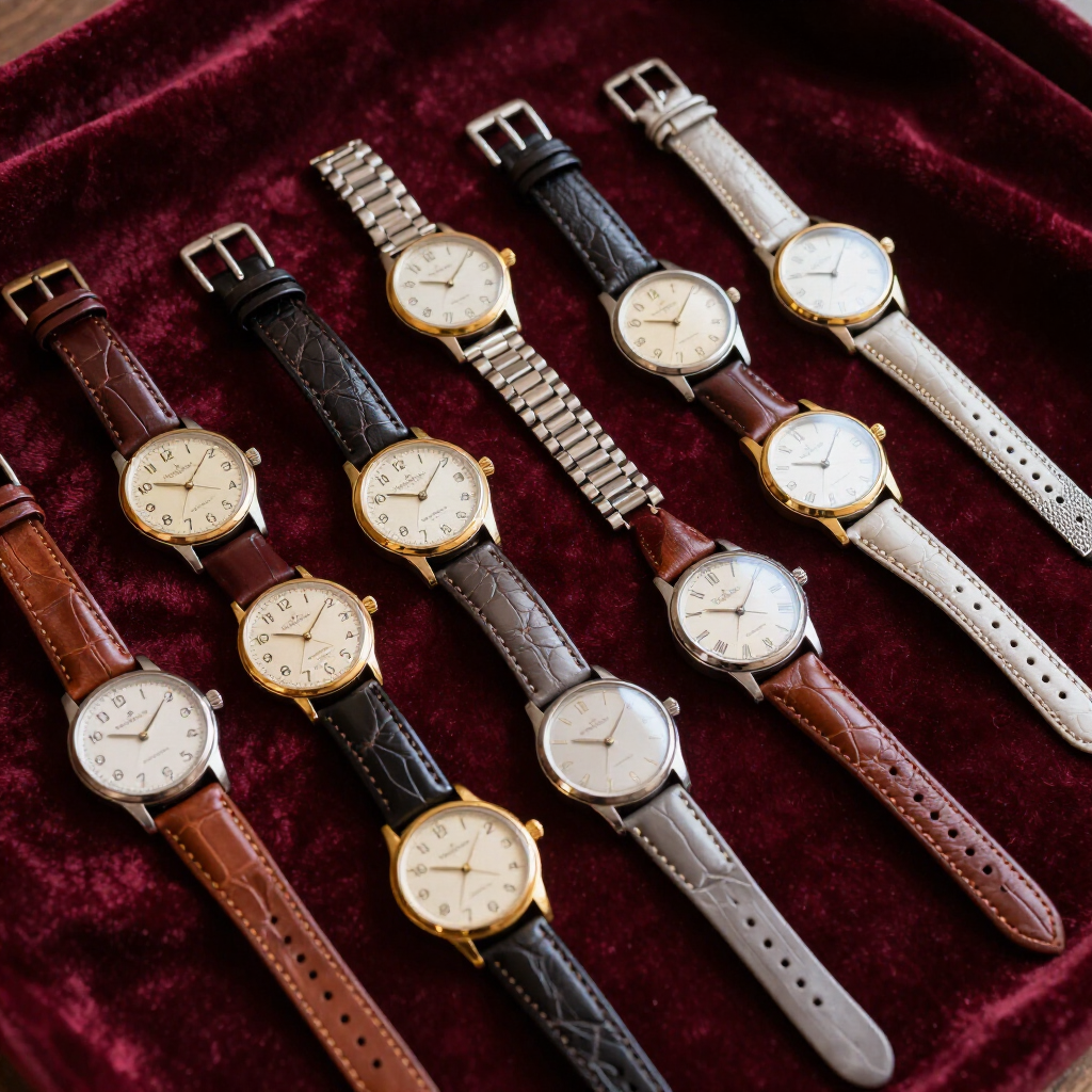 Assorted wristwatches arranged on a burgundy velvet surface