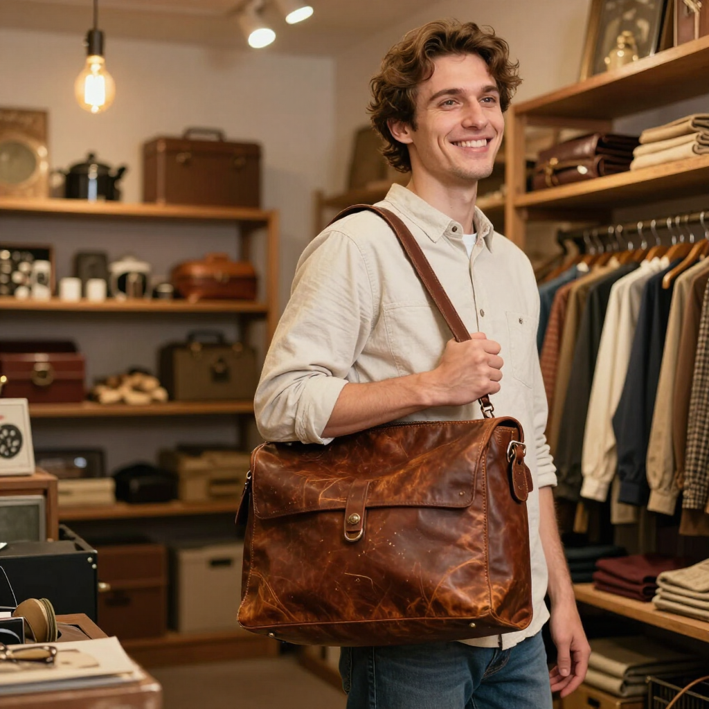 Man smiling in a clothing store, holding a brown leather messenger bag over his shoulder.