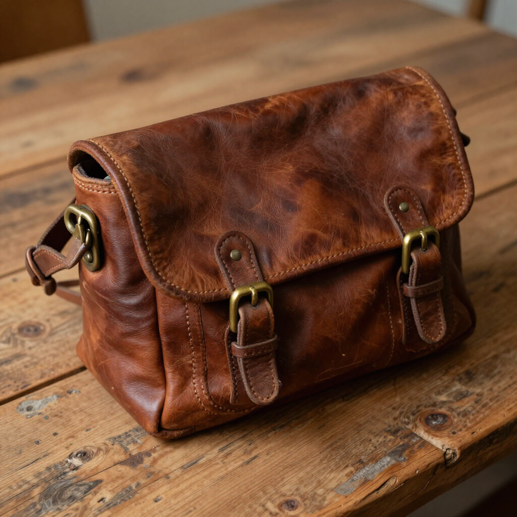 Brown leather satchel with brass buckles on a wooden table
