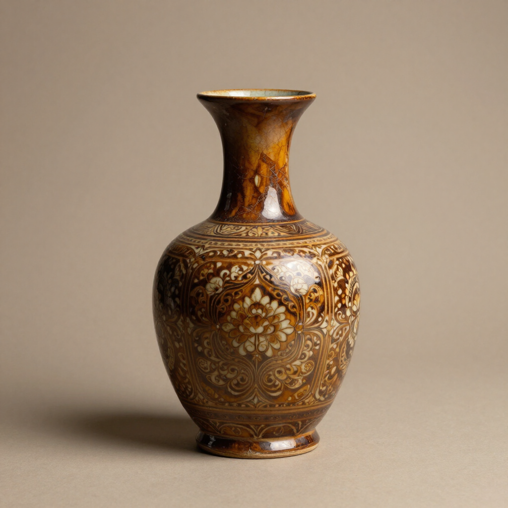 Decorative brown ceramic vase with intricate floral patterns on a plain beige background