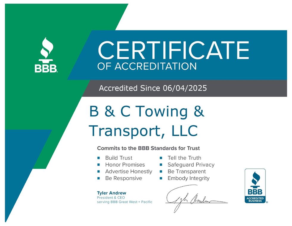A certificate of accreditation for b & c towing & transport llc
