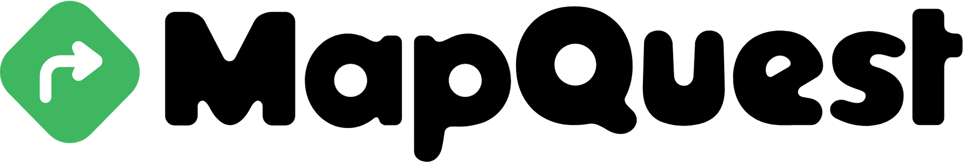 A black and green logo for mapquest with a green arrow.