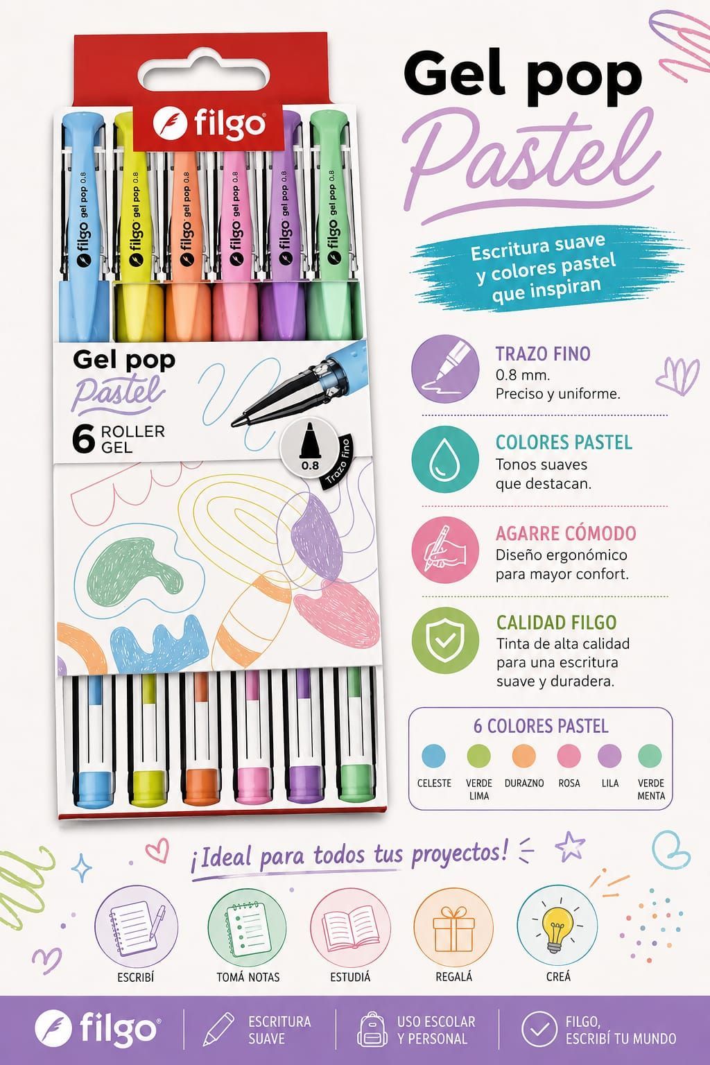 ROLLER GEL FILGO PASTEL POP X6