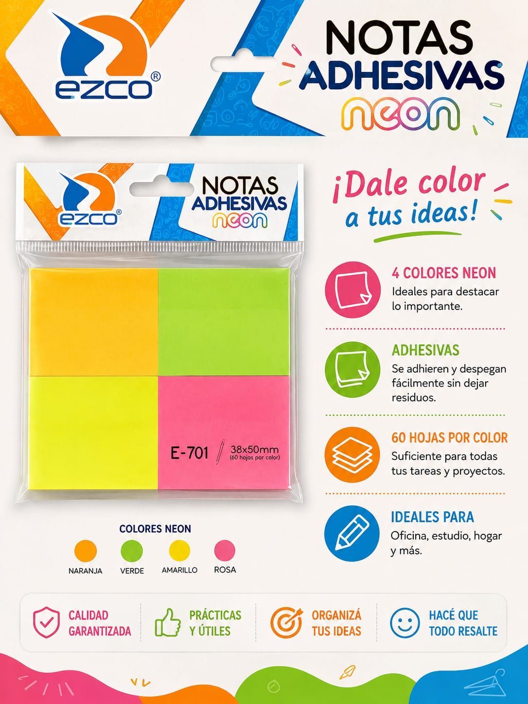 NOTA ADHESIVA EZCO 38X50MM FLUO 4X50H