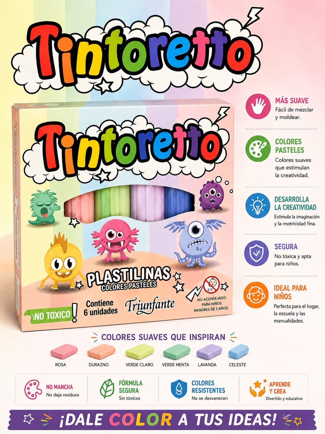 PLASTILINA TINTORETTO SURTIDA X6 PASTEL