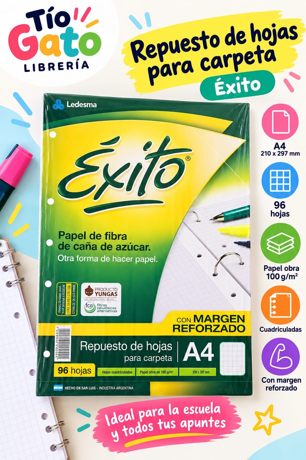 Repuesto Exito A4 Cuadriculado 96 hojas M/REFORZADO