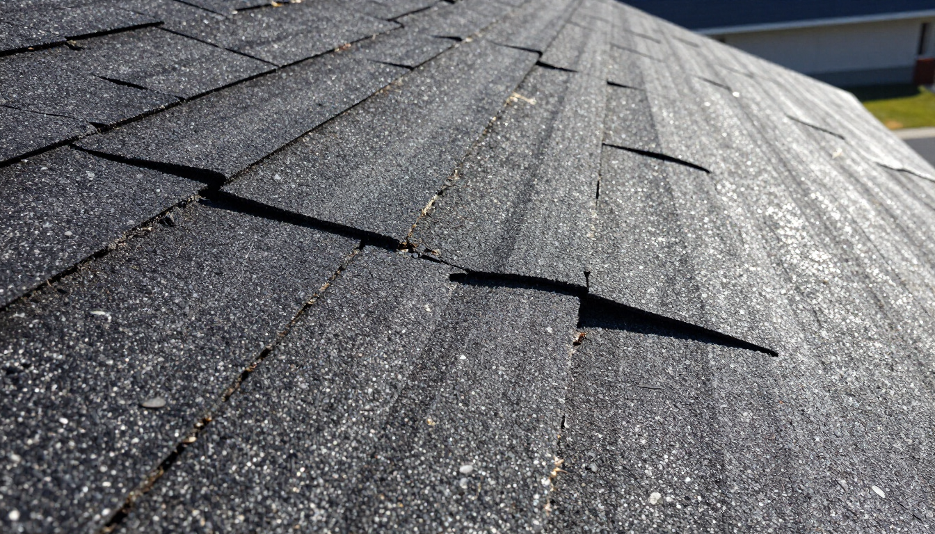 Professional roofing contractor inspecting damaged shingles