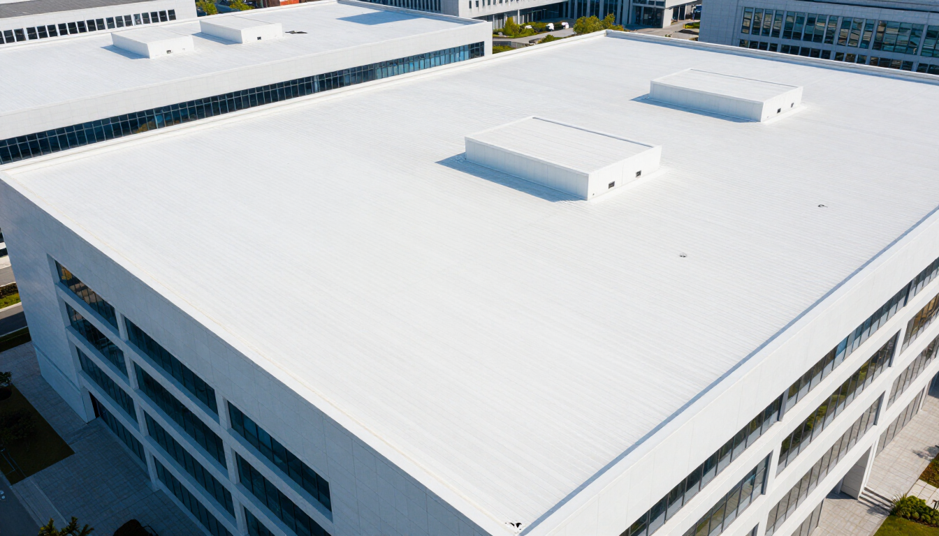 Aerial view of a newly installed commercial roof in San Jose