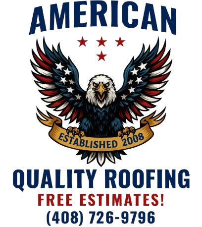 Logo for American Quality Roofing: eagle with USA flag wings, text 