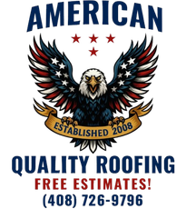 Logo for American Quality Roofing: eagle with USA flag wings, text 