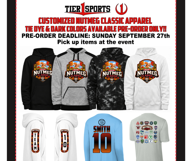 Flyer for tournament apparel featuring sweatshirts with the Nutmeg squirrel.