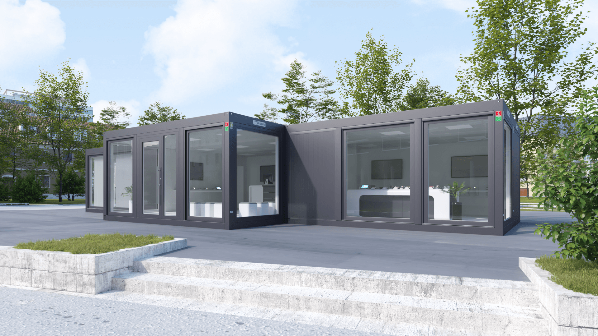 Een grijze container staat op een bakstenen stoep op een parkeerplaats.