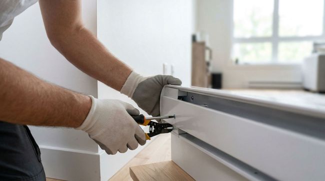 Une personne portant des gants de travail utilise une pince pour ajuster une vis sur un radiateur plinthe blanc dans une pièce.